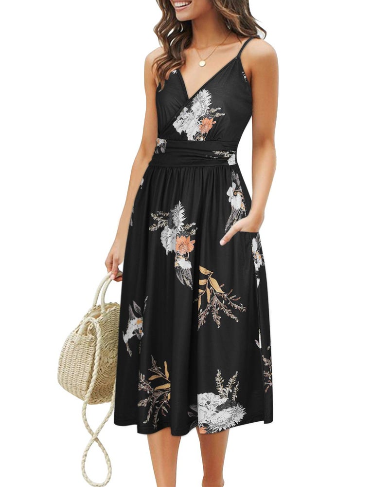 OUGES Women's Summer Spaghetti Strap V-Neck Floral Midi Casual Dress with Pockets(Floral03-452,L) - Image 1